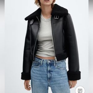 Black faux leather shearling-lined biker jacket